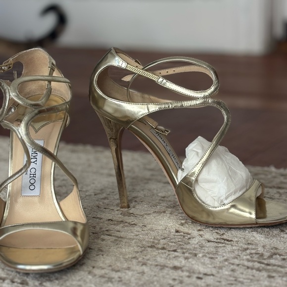 Jimmy Choo Gold Stiletto Heels with Crisscross Straps